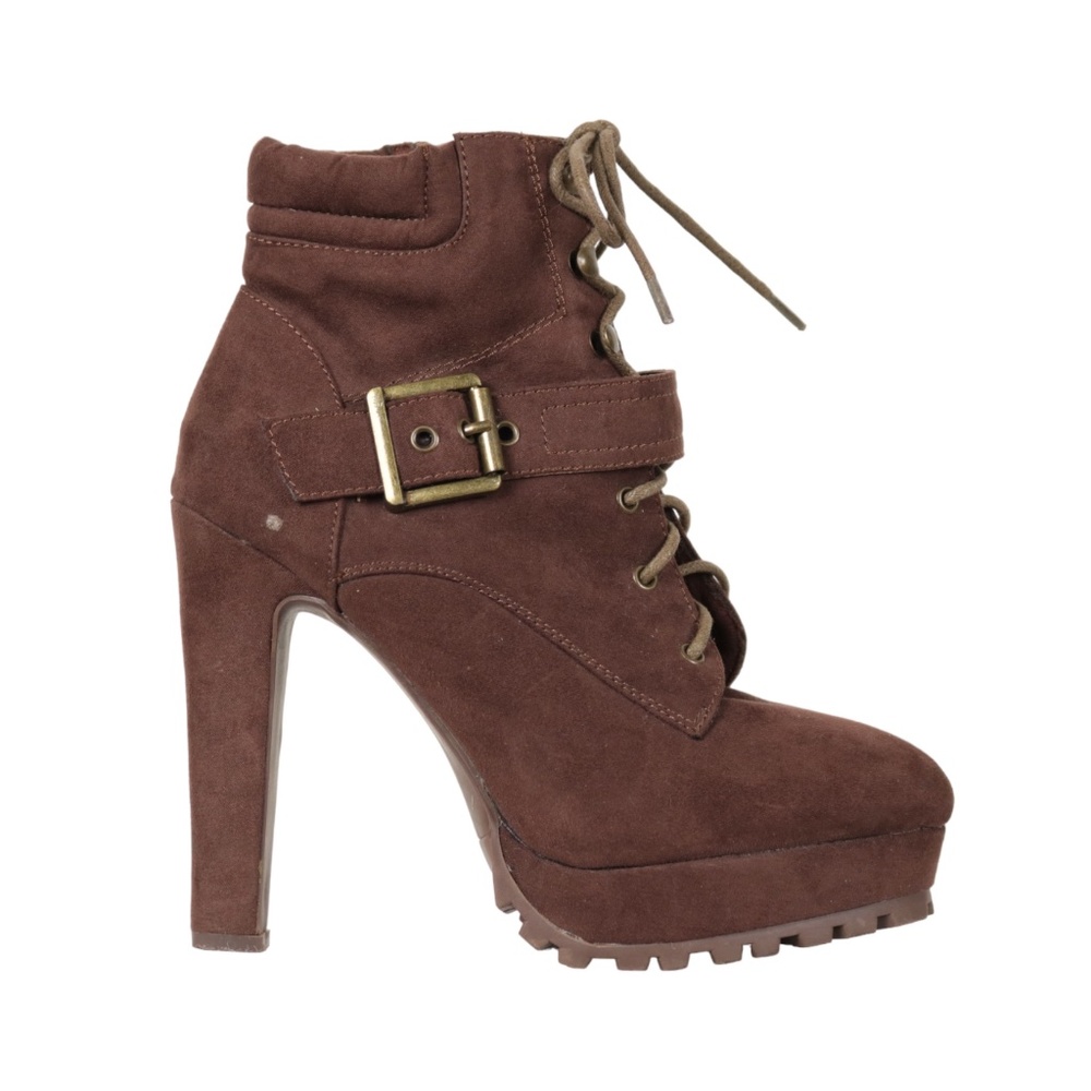 JustFab Cady Heeled Brown Suede Buckled Zip Up Ankle Booties Size 7.5